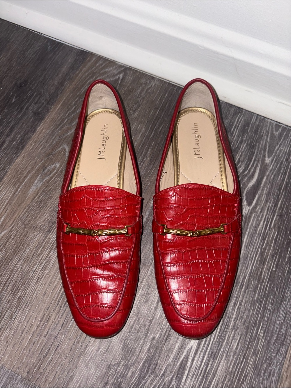 J. McLaughlin Dillon Red Croc Embossed Leather Loafers Gold Accent Size 7